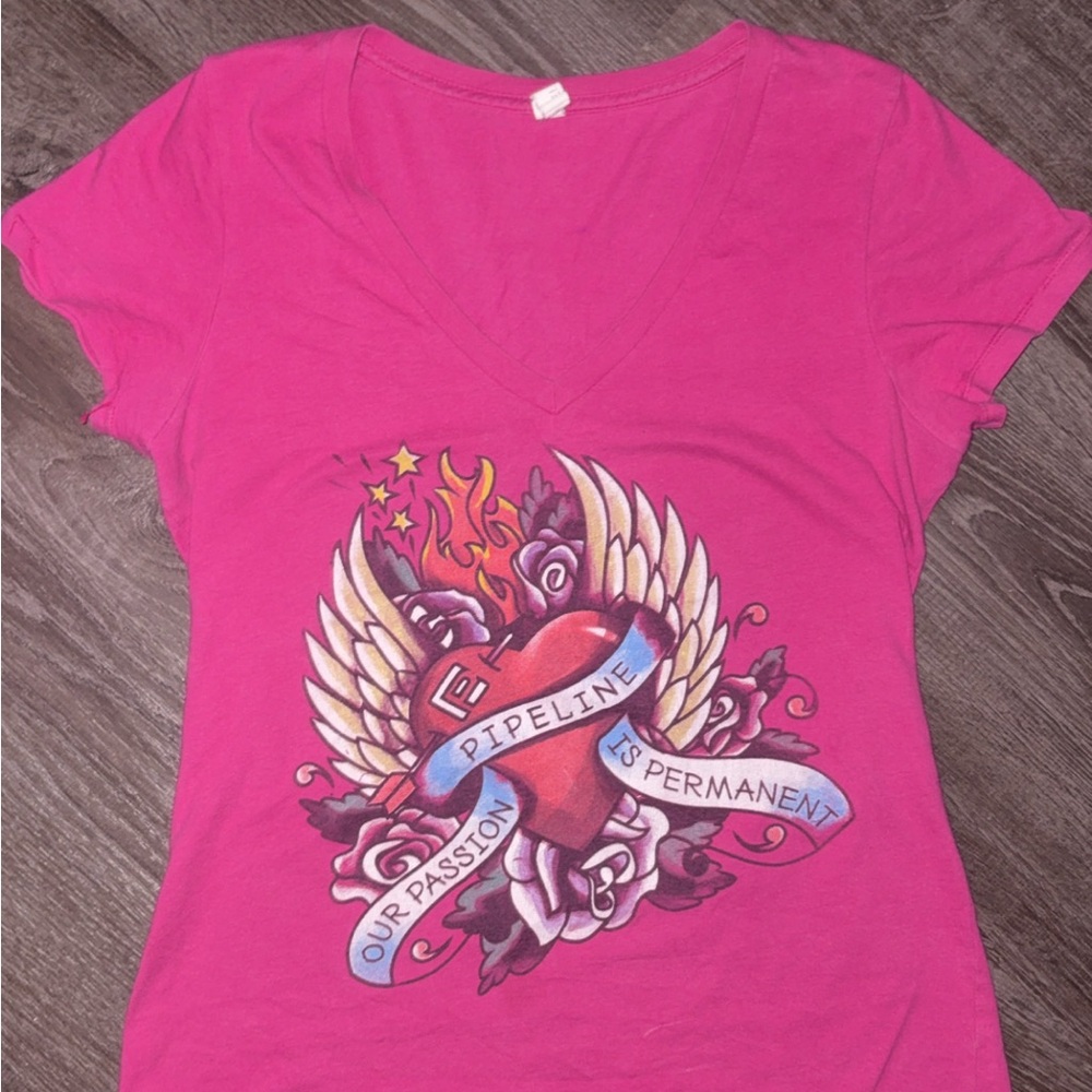 Bella Canvas Hot Pink V-Neck Tee with Heart, Wings & Banner Graphic